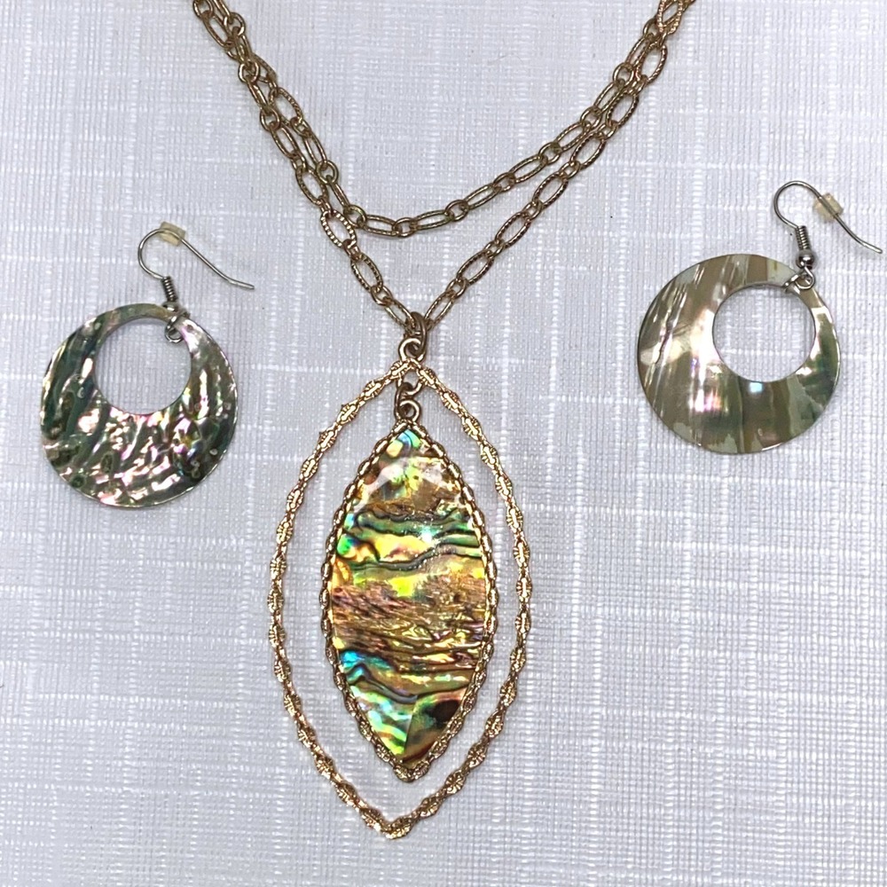 Unique Abalone Shell Marquise Pendant Necklace and Hoop Earrings‎ Set Gold Tone